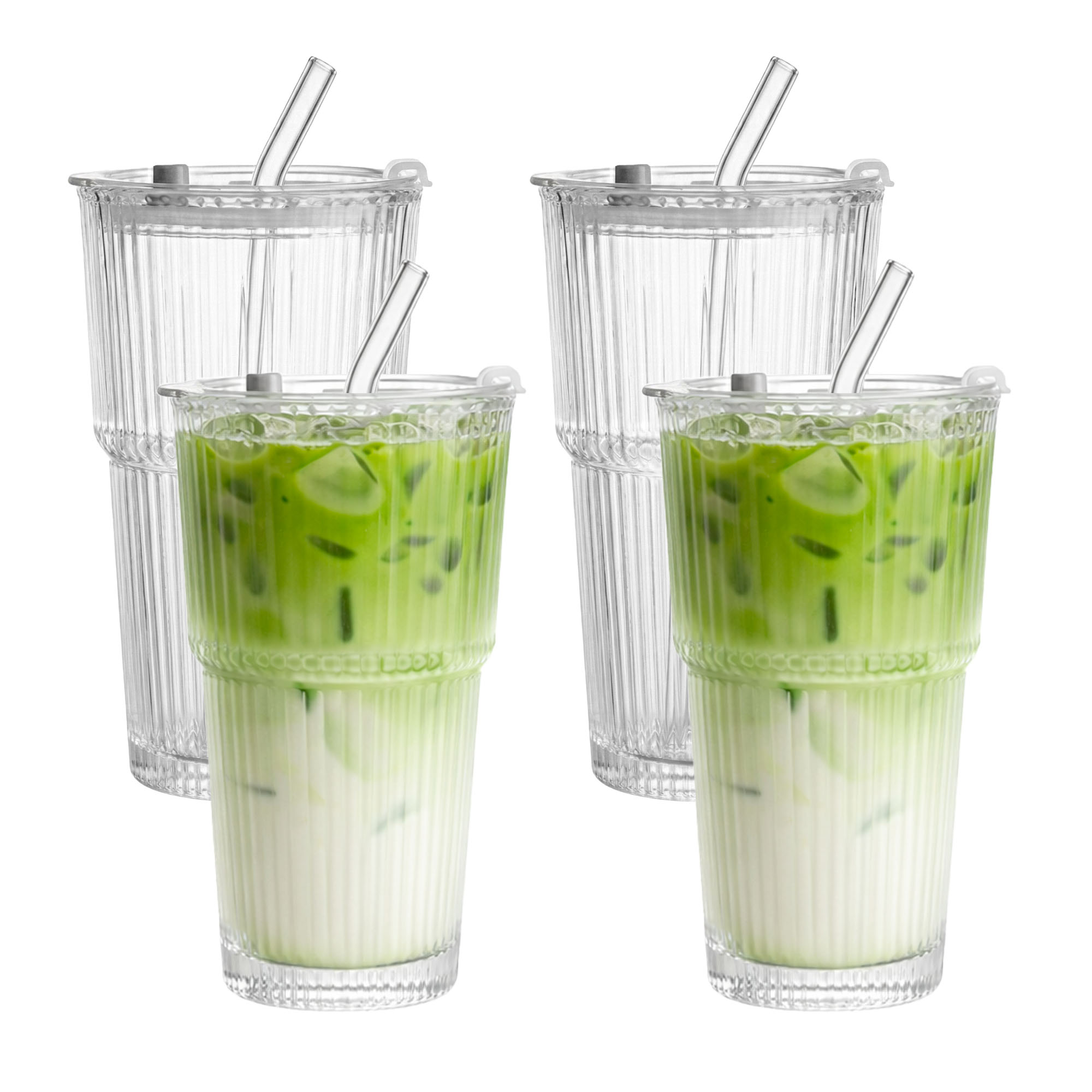 4er Set Geriffelte Trinkgläser 550ml mit Deckel inkl. Glashalme und Reinigungsbürstchen