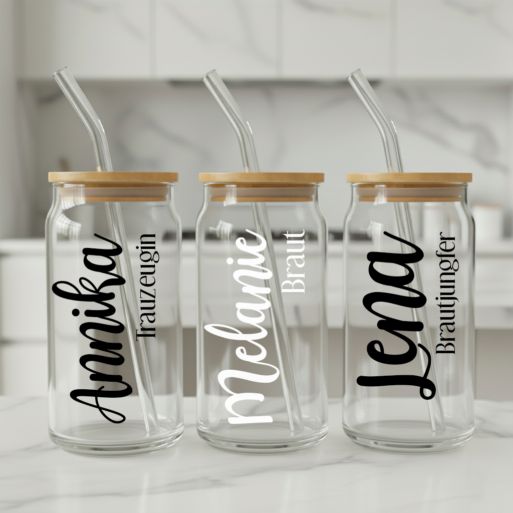 500ml Trinkglas mit Deckel und Trinkhalm für JGA Hochzeit Geschenk Brautjunger Trauzeugin 