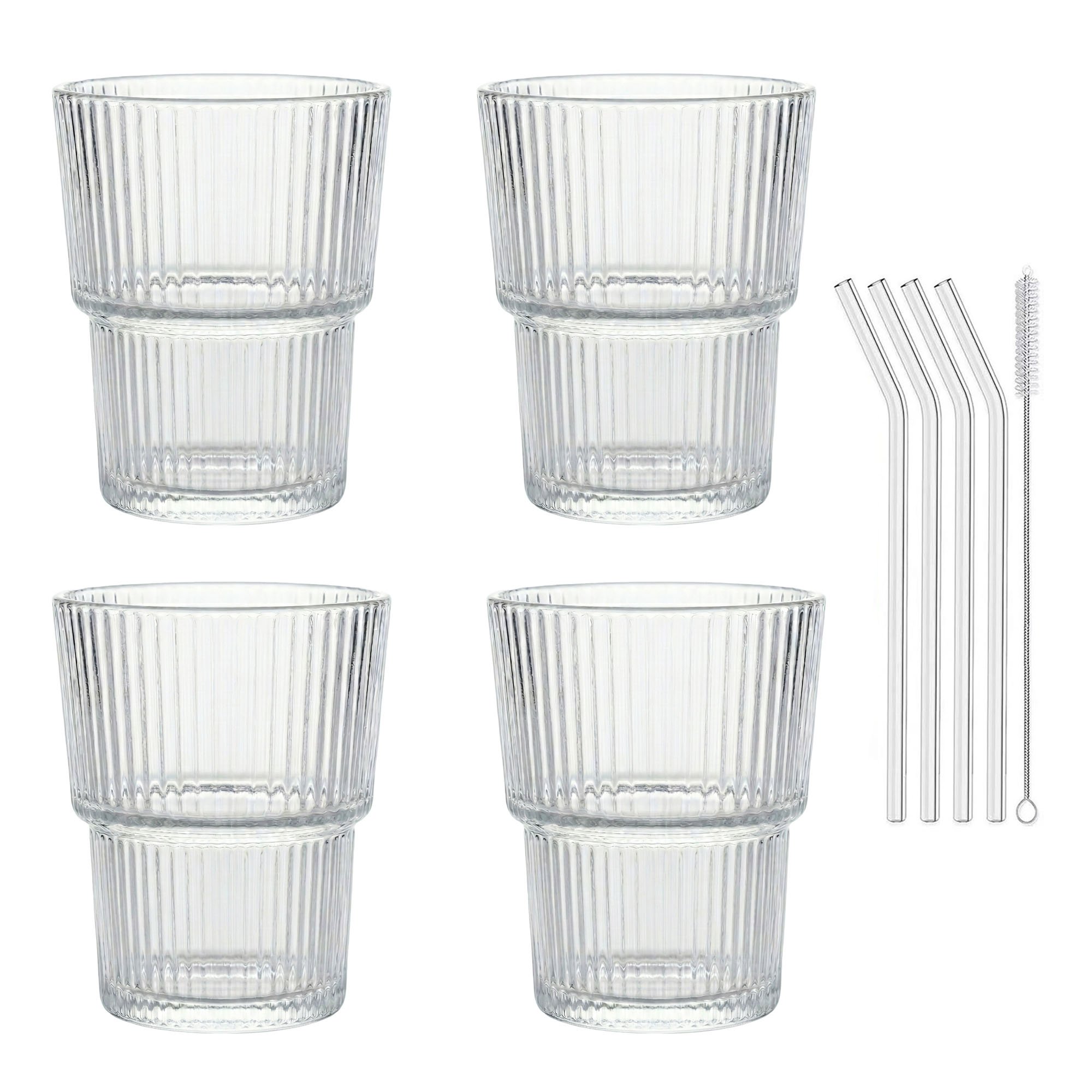 4er Set Geriffelte Trinkgläser 350ml inkl. Glashalme und Reinigungsbürstchen