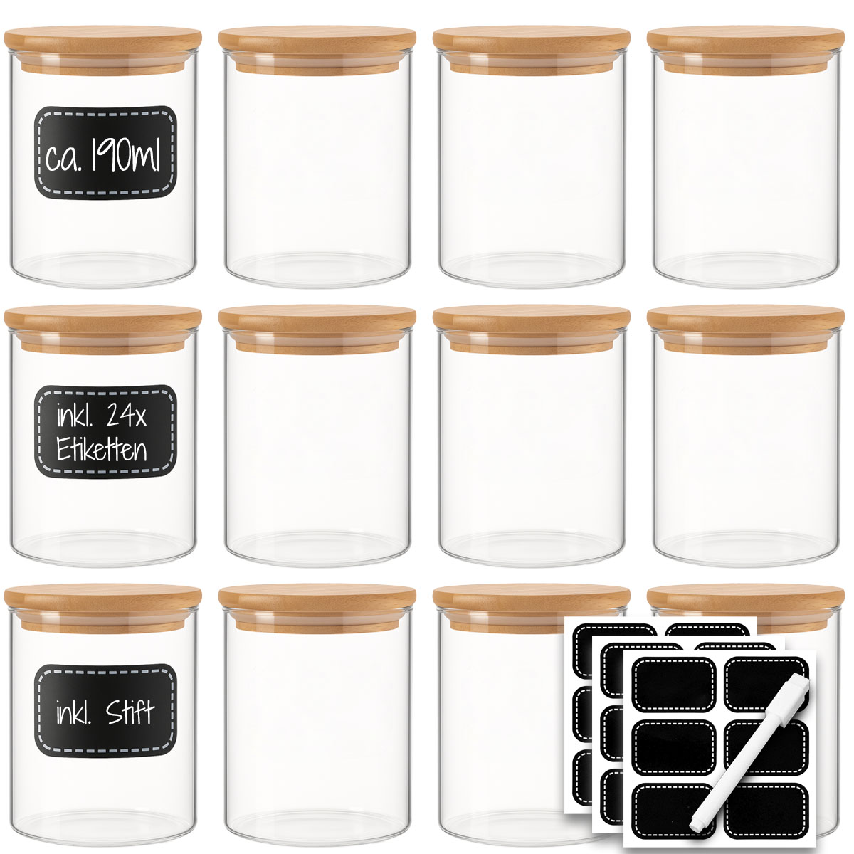 12x 190ml Vorratsgläser mit Bambusdeckel Gewürzgläser inkl. 24x Etiketten & Stift