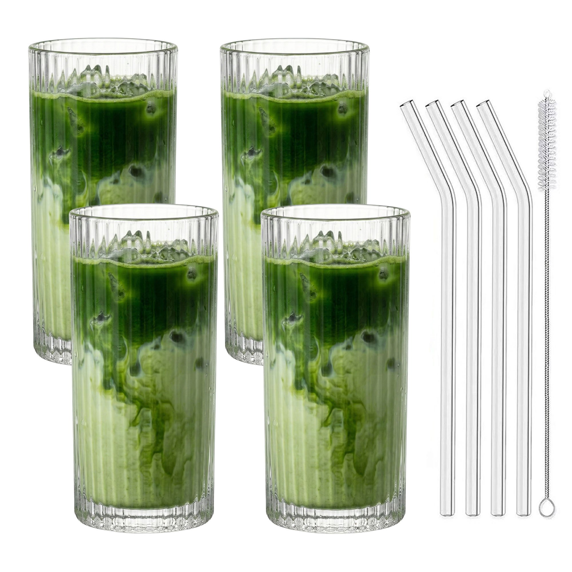4er Set Geriffelte Trinkgläser 370ml inkl. Glashalme und Reinigungsbürstchen