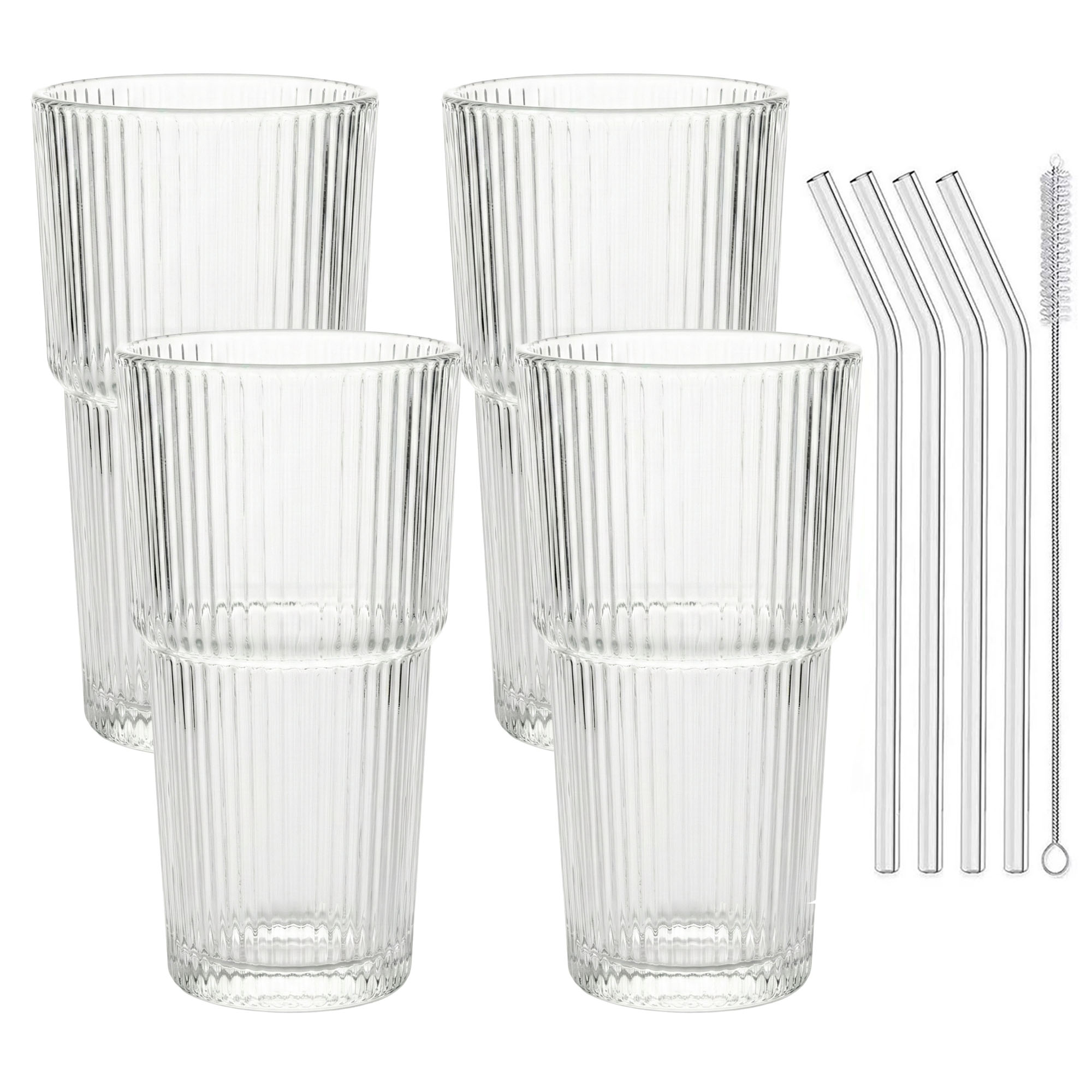 4er Set Geriffelte Trinkgläser 550ml inkl. Glashalme und Reinigungsbürstchen