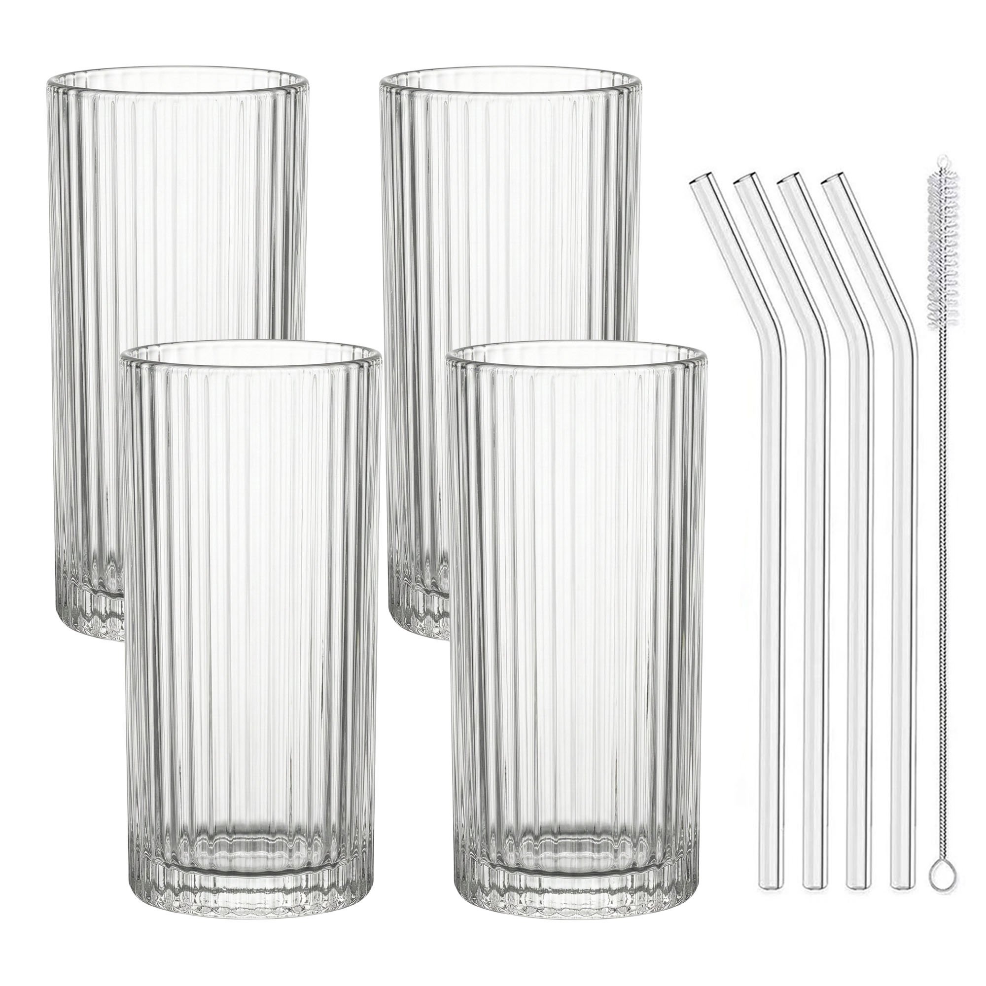 4er Set Geriffelte Trinkgläser 370ml inkl. Glashalme und Reinigungsbürstchen