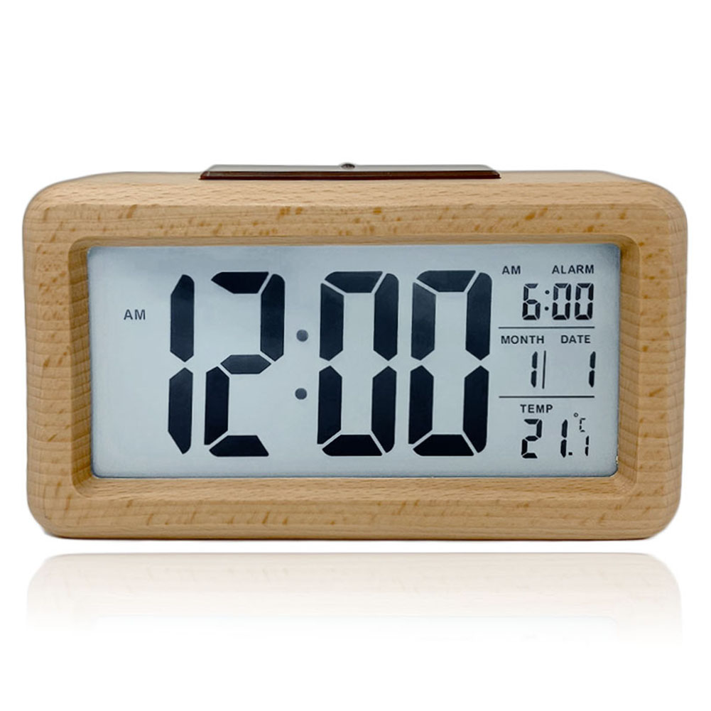 LCD Bambus Holz Wecker Digital Alarmwecker Uhr Beleuchtet Schlummerfunktion