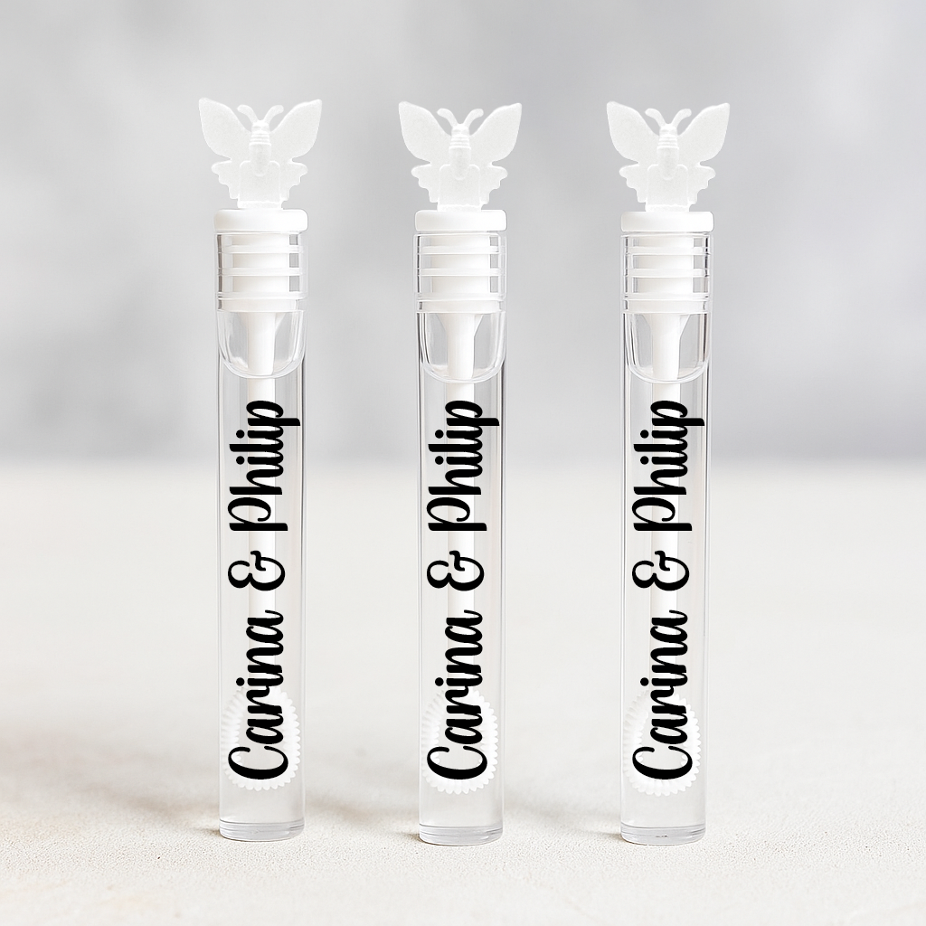 10x personalisierte Schmetterling Seifenblasen Röhrchen für die Hochzeit, JGA, Standesamt, etc.