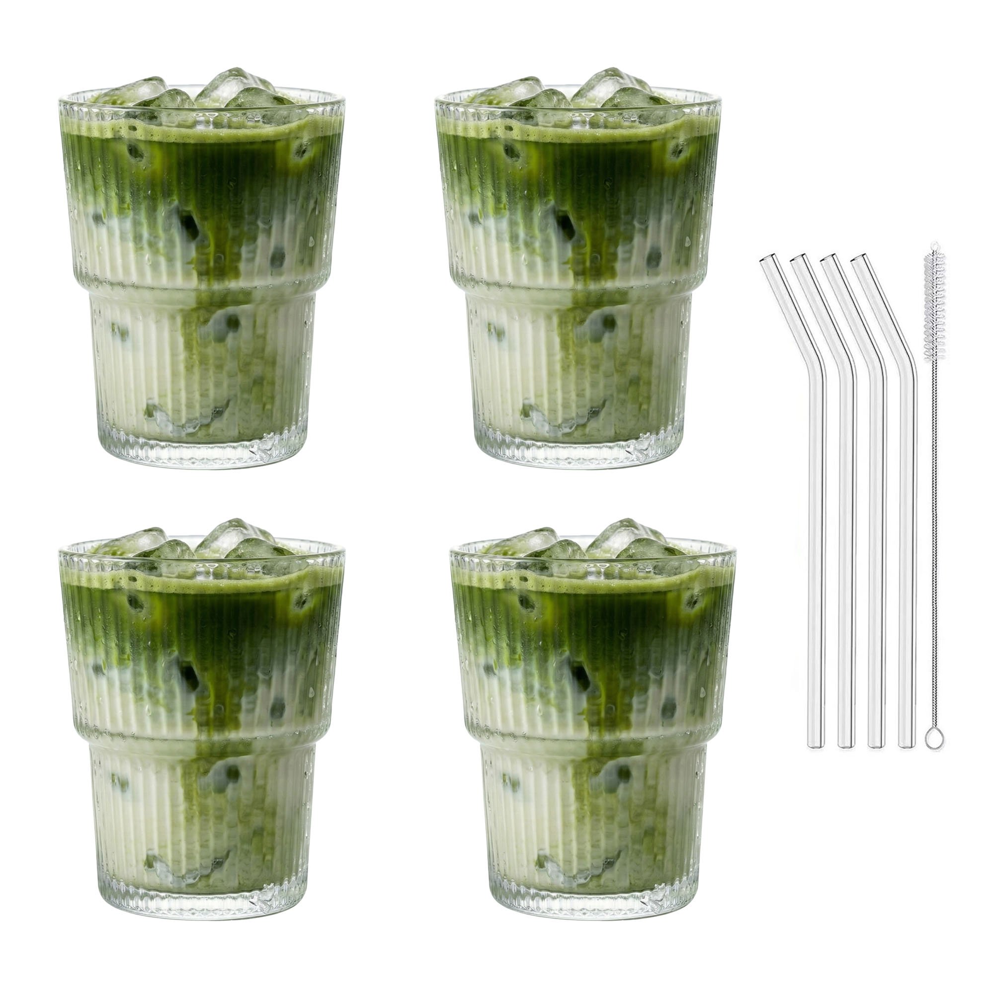 4er Set Geriffelte Trinkgläser 350ml inkl. Glashalme und Reinigungsbürstchen