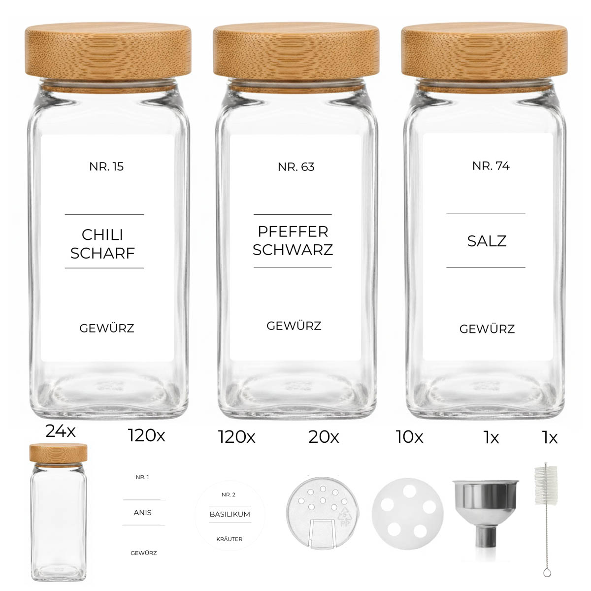 24x Gewürzgläser Bambus Deckel inkl. 240x Etiketten, 30x Streueinsätze, 1x Edelstahl Trichter, 1x Reinigungsbürstchen