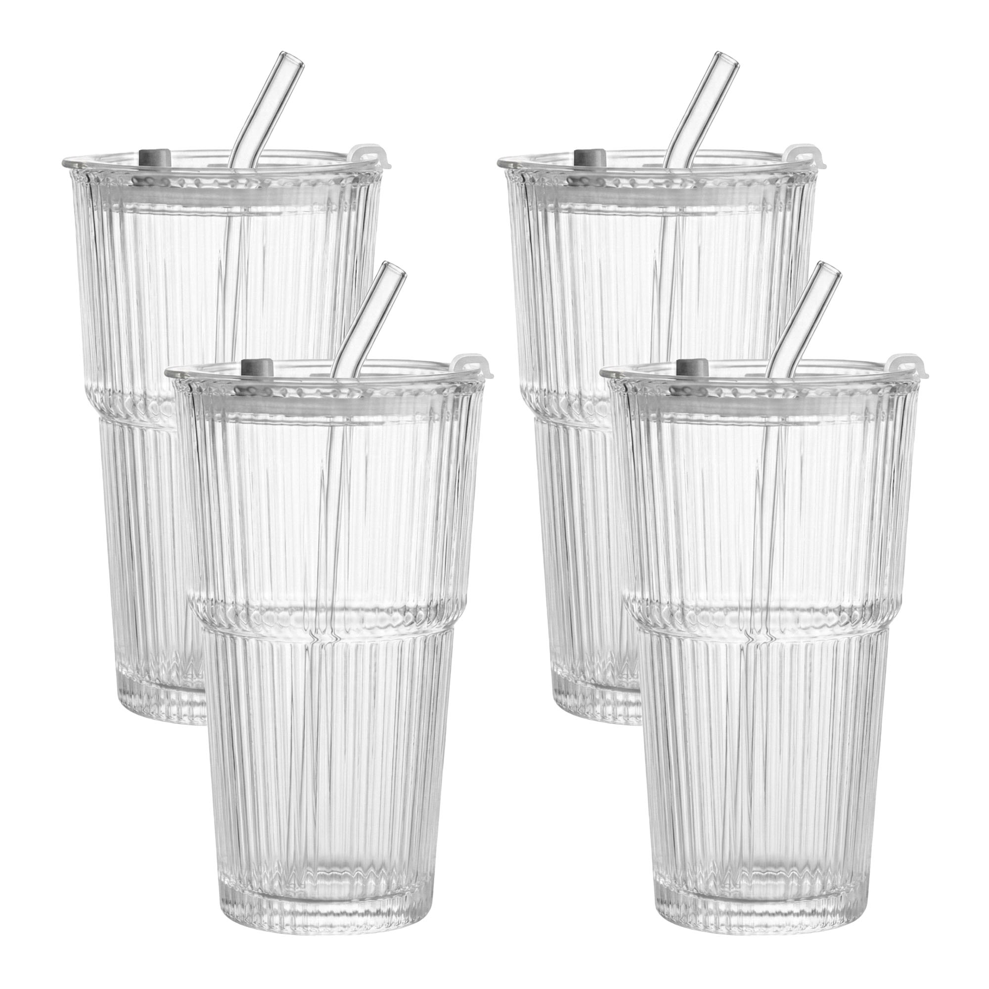 4er Set Geriffelte Trinkgläser 550ml mit Deckel inkl. Glashalme und Reinigungsbürstchen