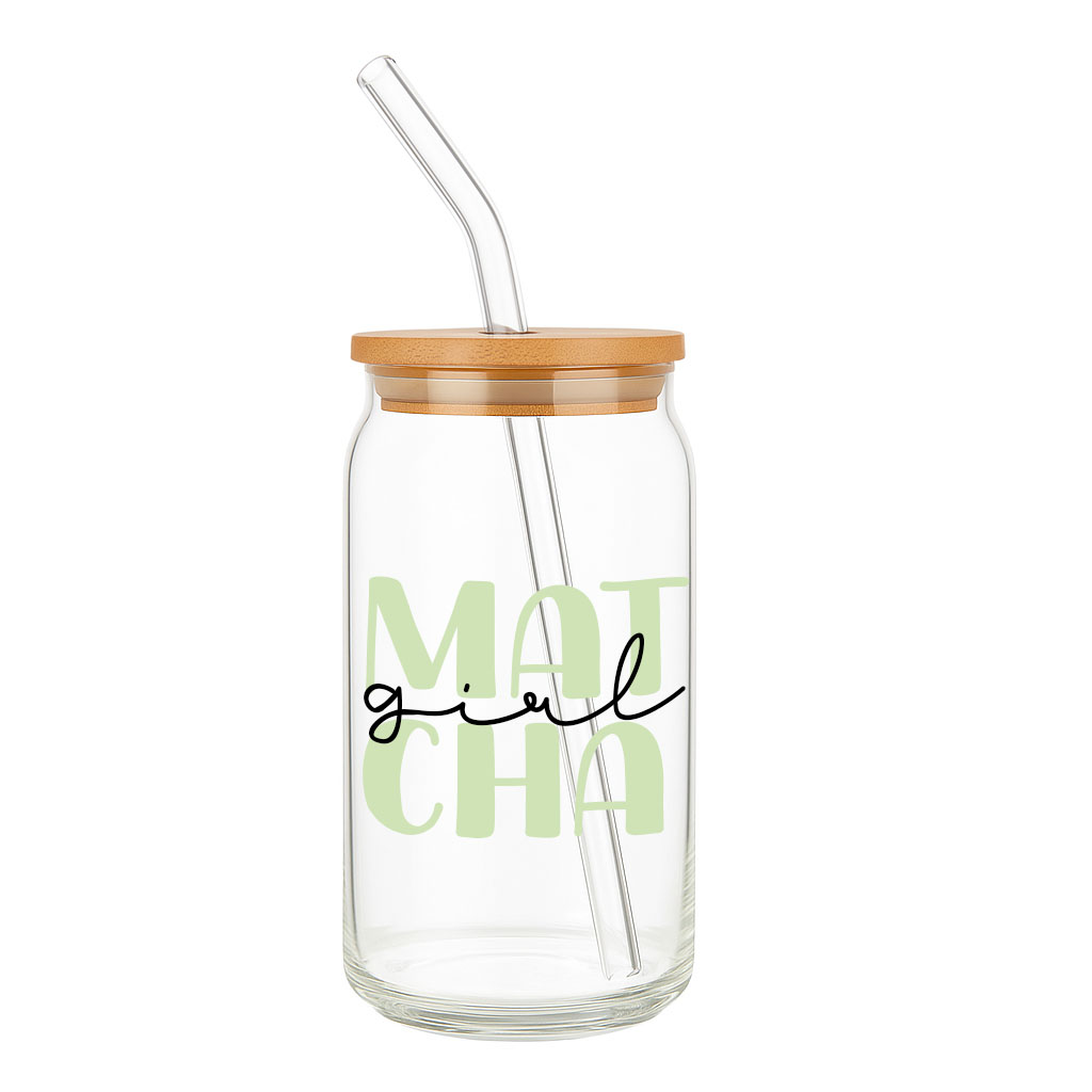 Matcha Girl Trinkglas 500ml mit Bambusdeckel und Glashalm