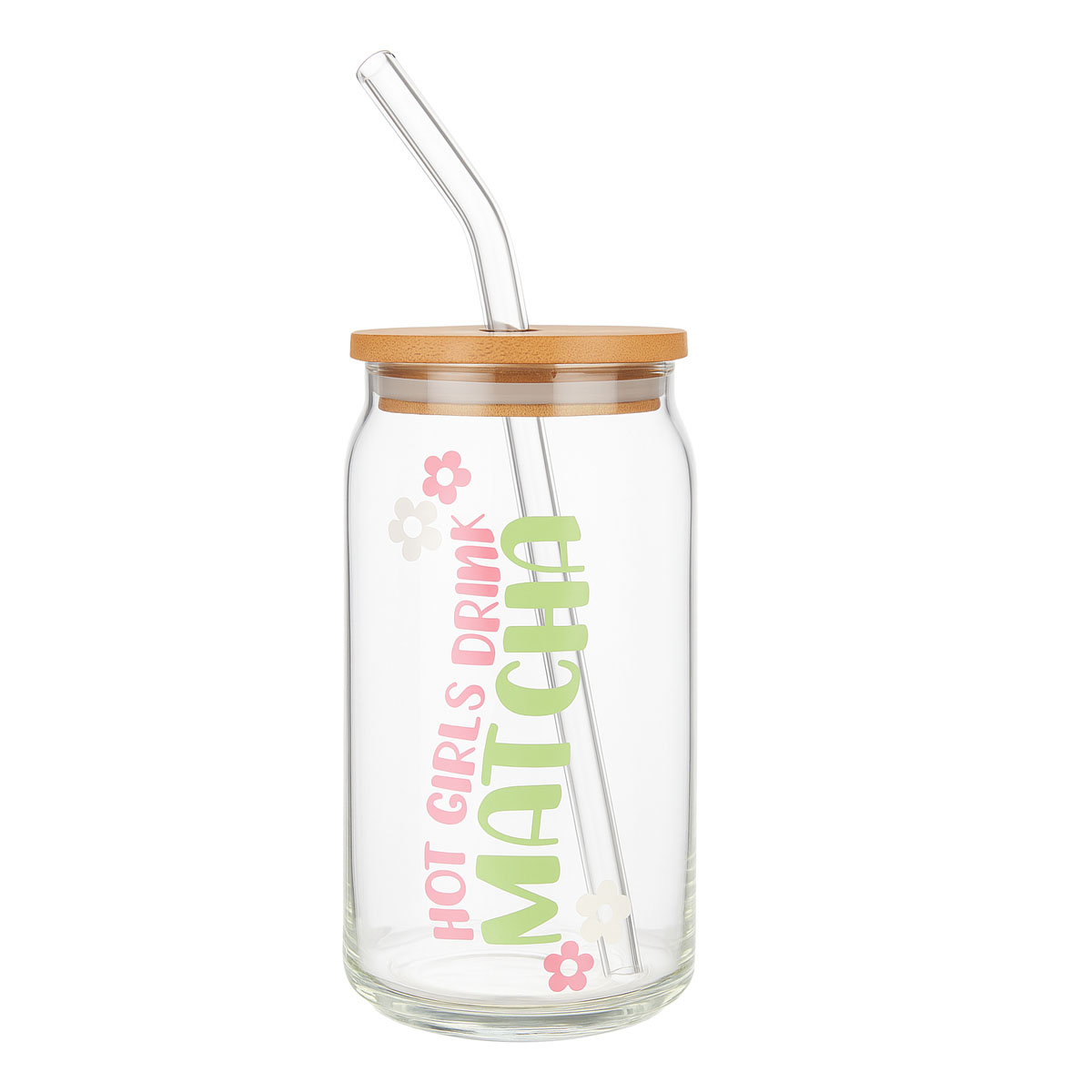 Hot Girls Drink Matcha Trinkglas 500ml mit Bambusdeckel und Glashalm 