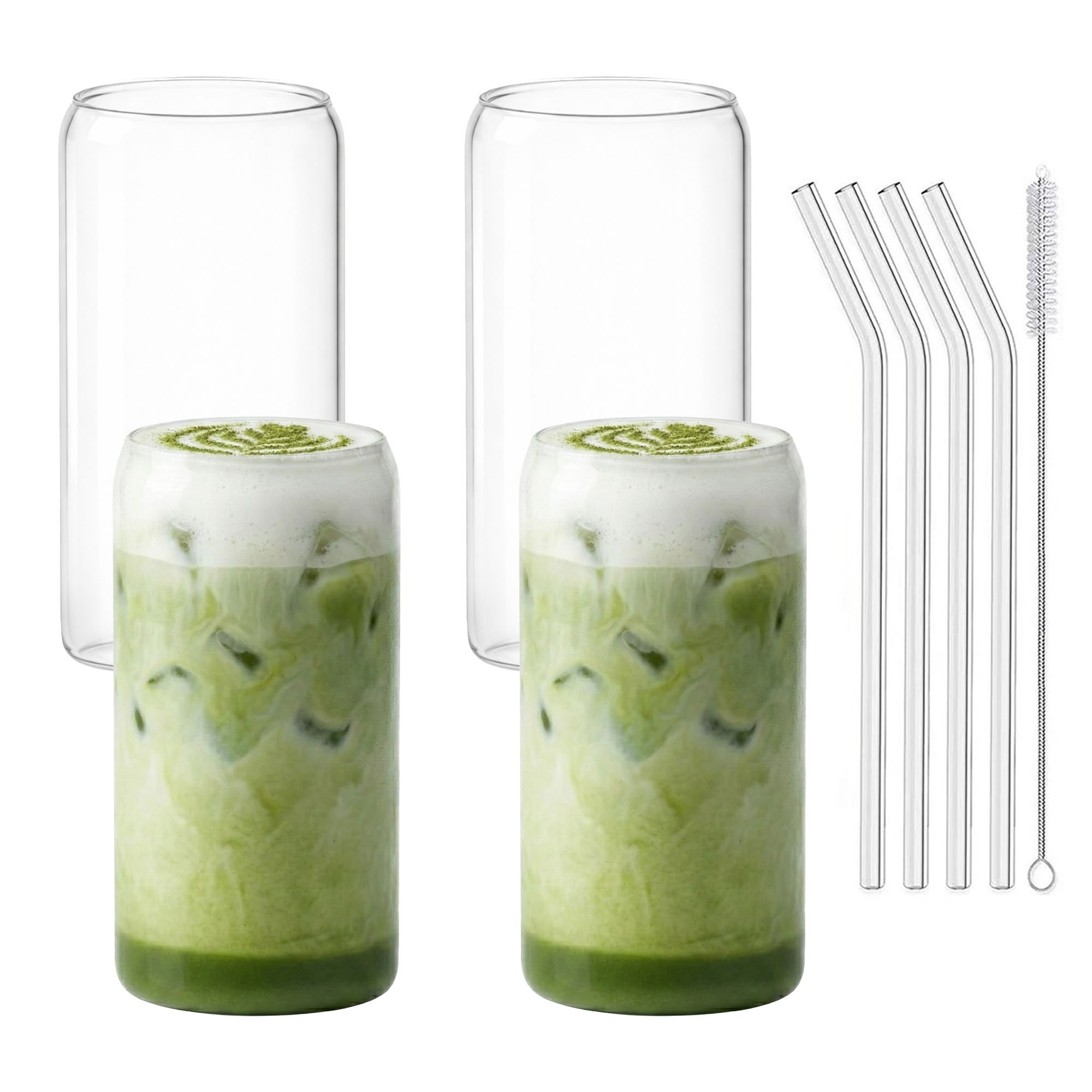 4er Set Trinkgläser 500ml inkl. Glashalme und Reinigungsbürstchen Dosenform