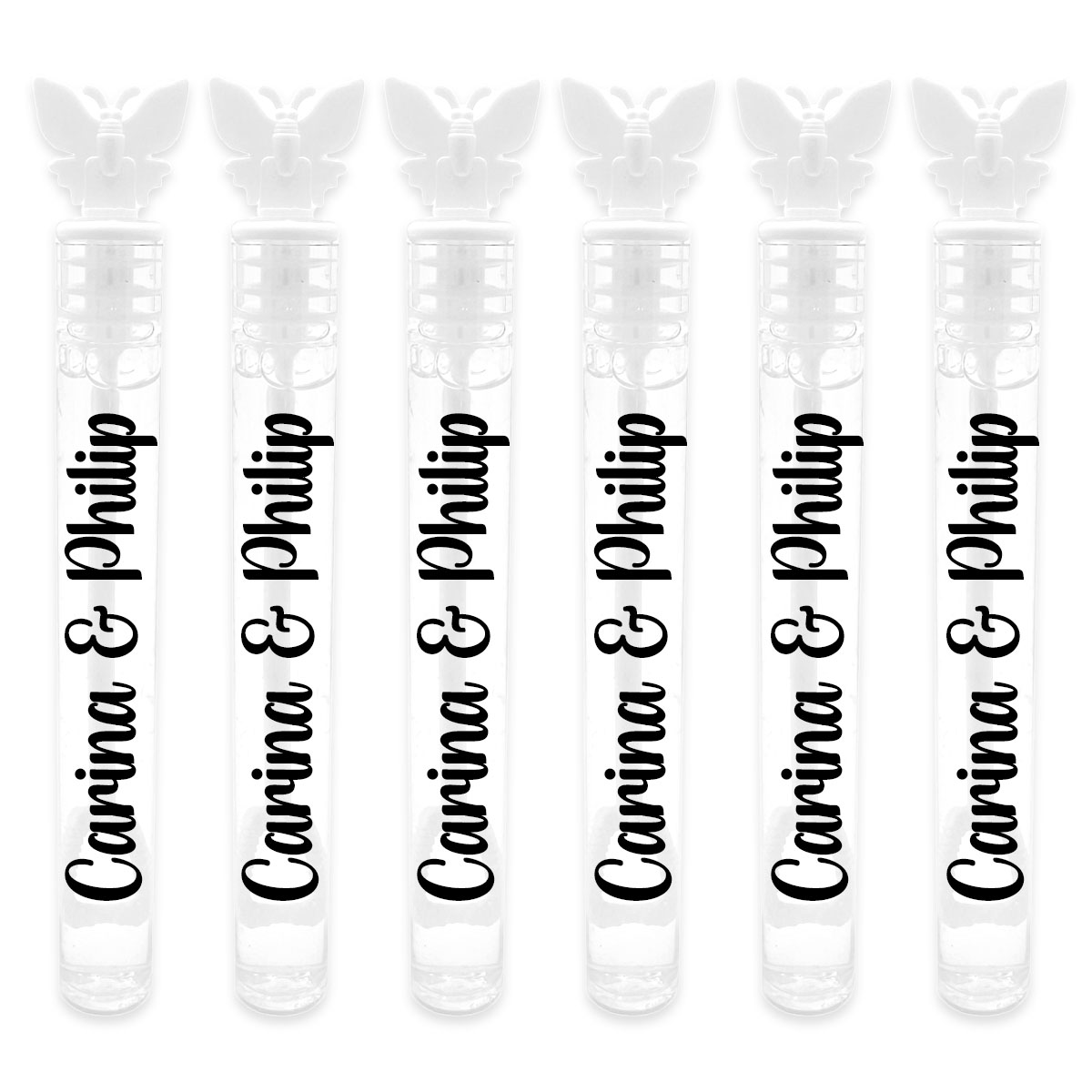 10x personalisierte Schmetterling Seifenblasen Röhrchen für die Hochzeit, JGA, Standesamt, etc.