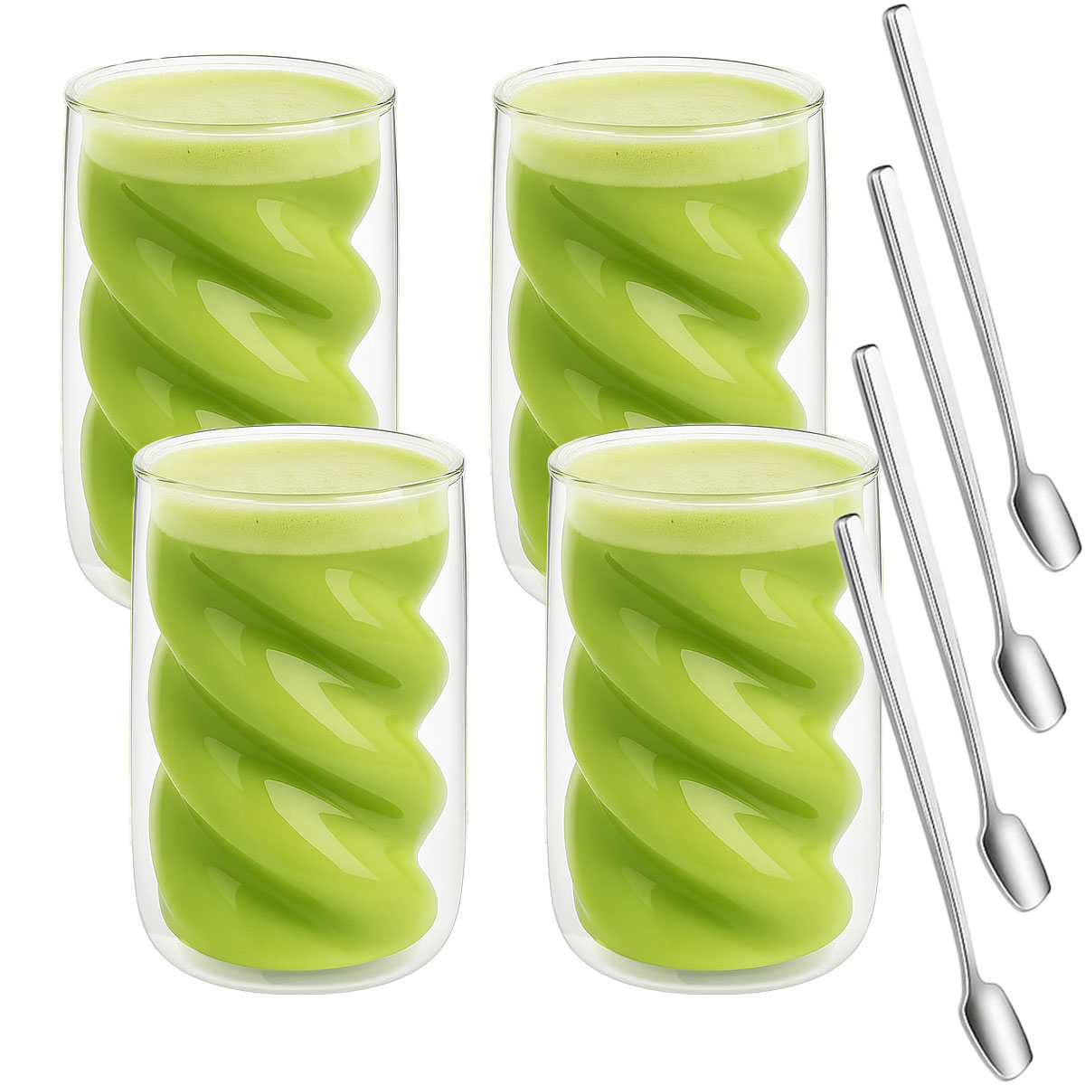 4er Set Doppelwandige Trinkgläser Spiralform 230ml inkl. Löffel