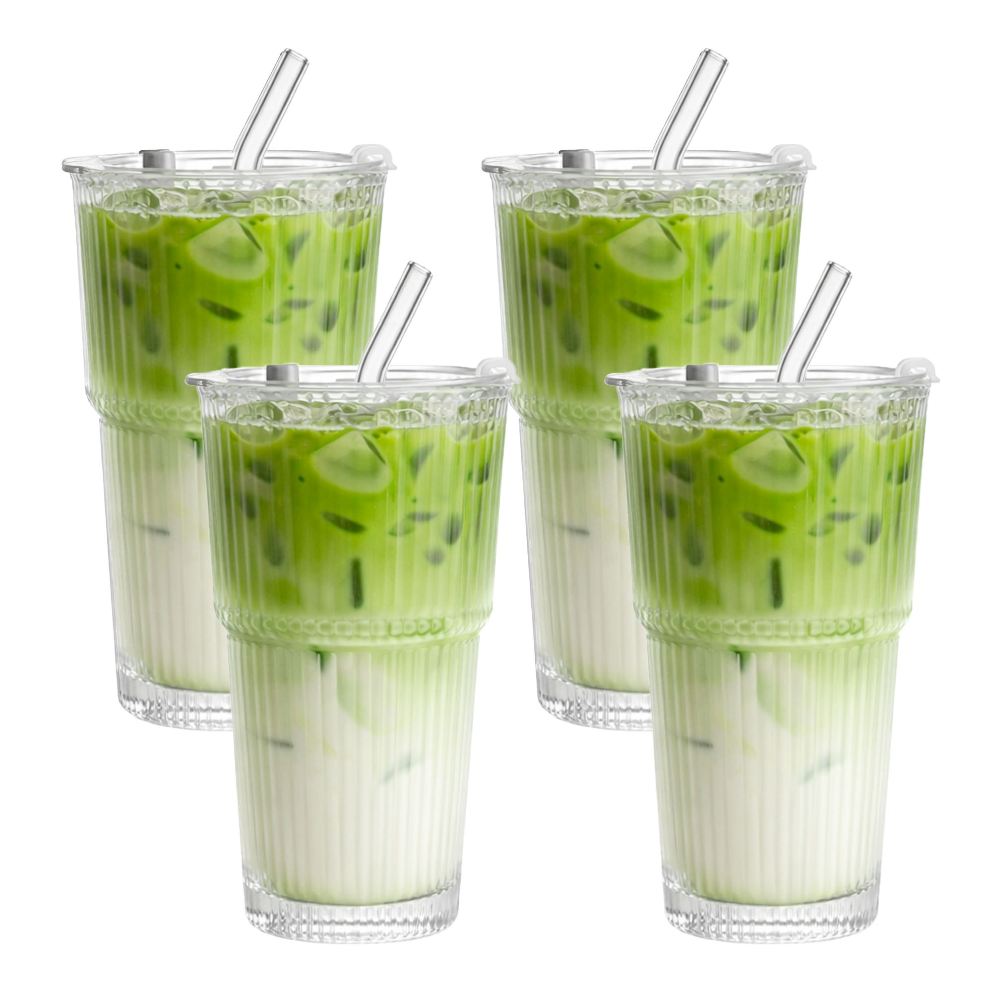 4er Set Geriffelte Trinkgläser 550ml mit Deckel inkl. Glashalme und Reinigungsbürstchen