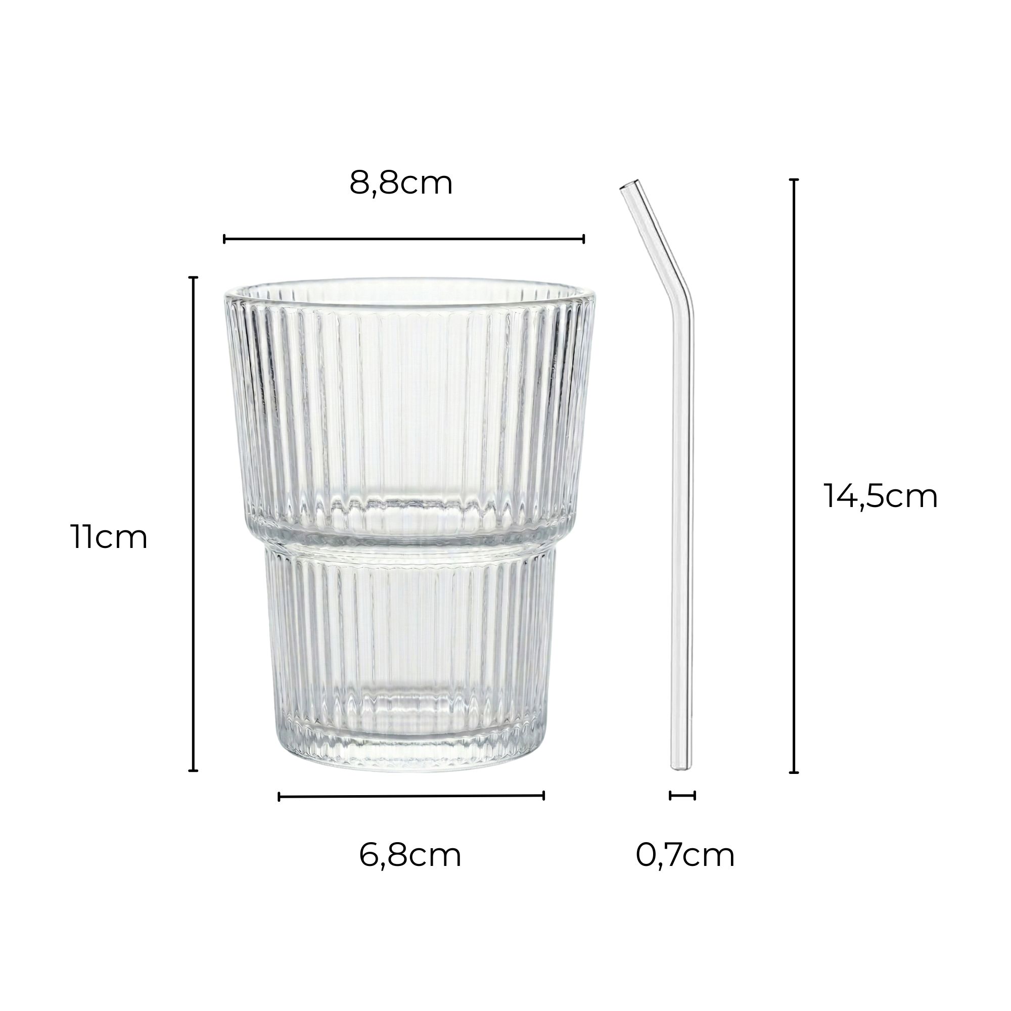 4er Set Geriffelte Trinkgläser 350ml inkl. Glashalme und Reinigungsbürstchen