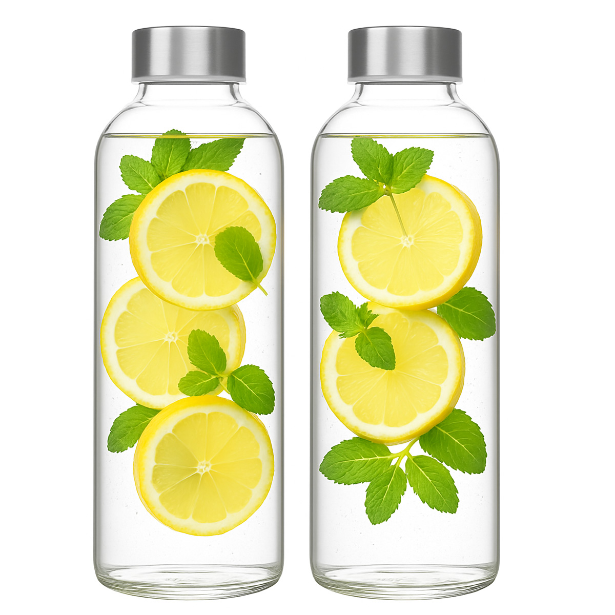2er Set Trinkflasche aus Glas 1 Liter Deckel aus Edelstahl