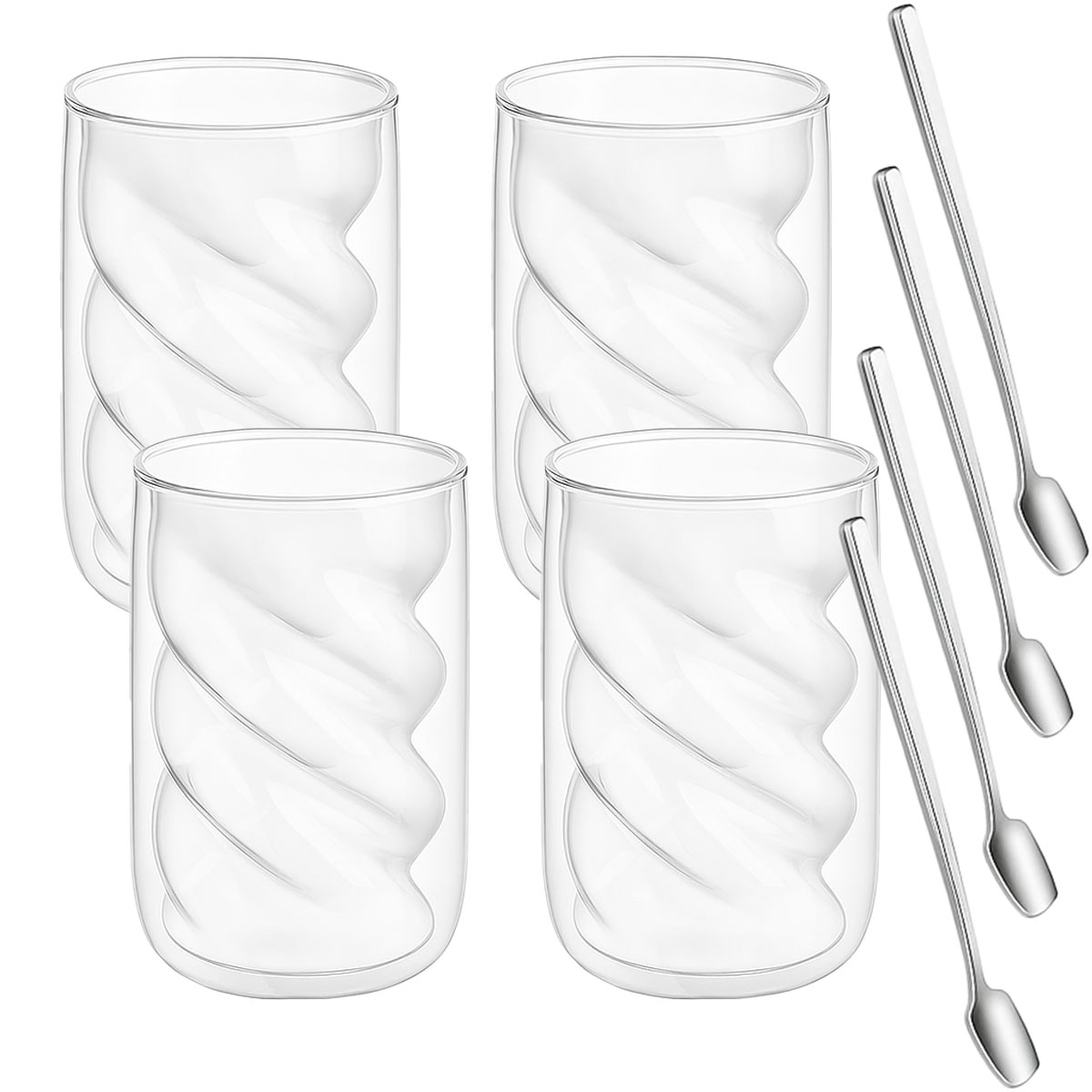4er Set Doppelwandige Trinkgläser Spiralform 230ml inkl. Löffel