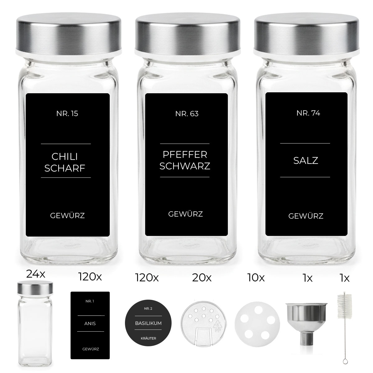 24x Gewürzgläser Edelstahl Deckel inkl. 240x Etiketten, 30x Streueinsätze, 1x Edelstahl Trichter, 1x Reinigungsbürstchen