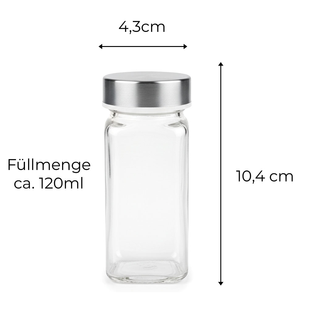 24x Gewürzgläser Edelstahl Deckel inkl. 240x Etiketten, 30x Streueinsätze, 1x Edelstahl Trichter, 1x Reinigungsbürstchen
