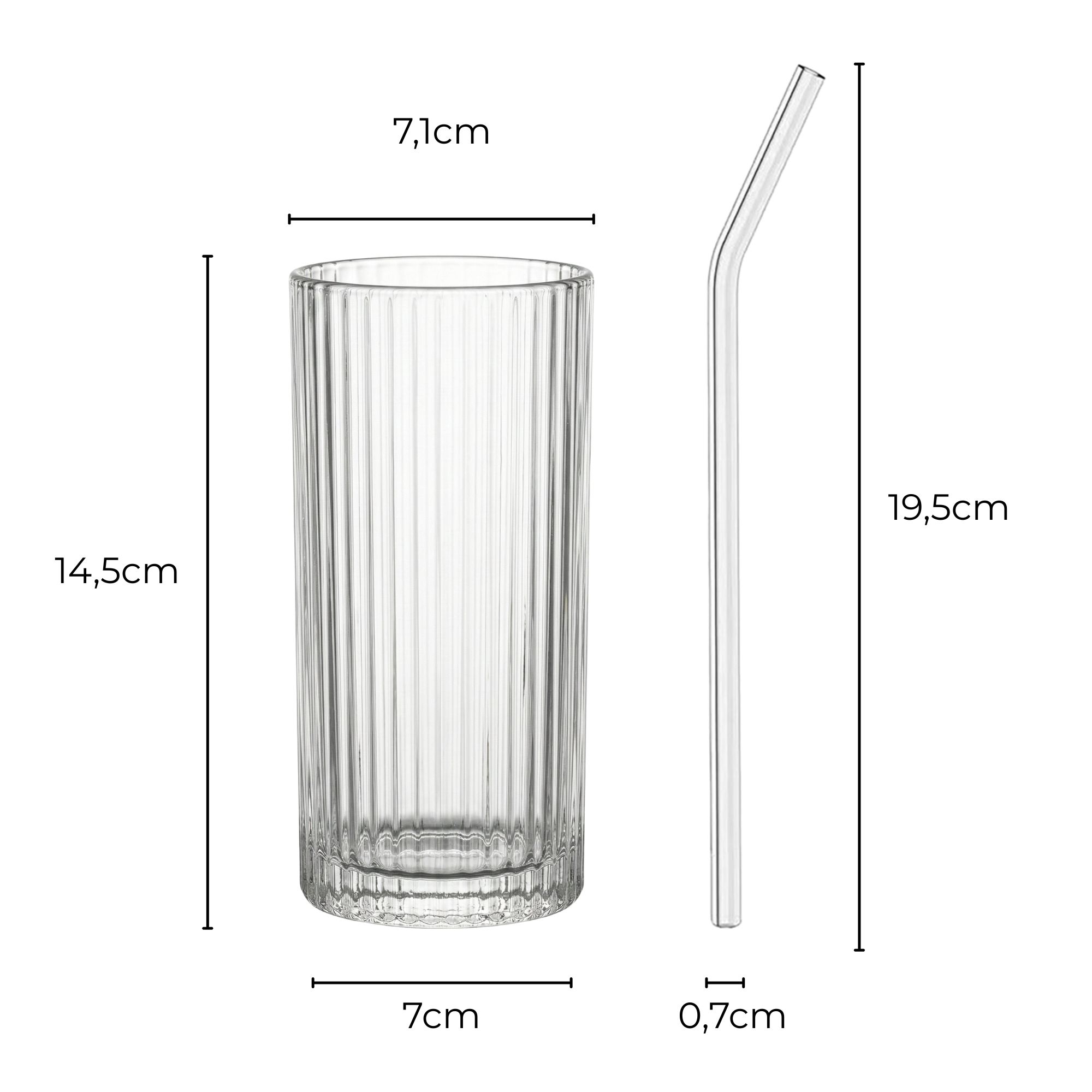 4er Set Geriffelte Trinkgläser 370ml inkl. Glashalme und Reinigungsbürstchen