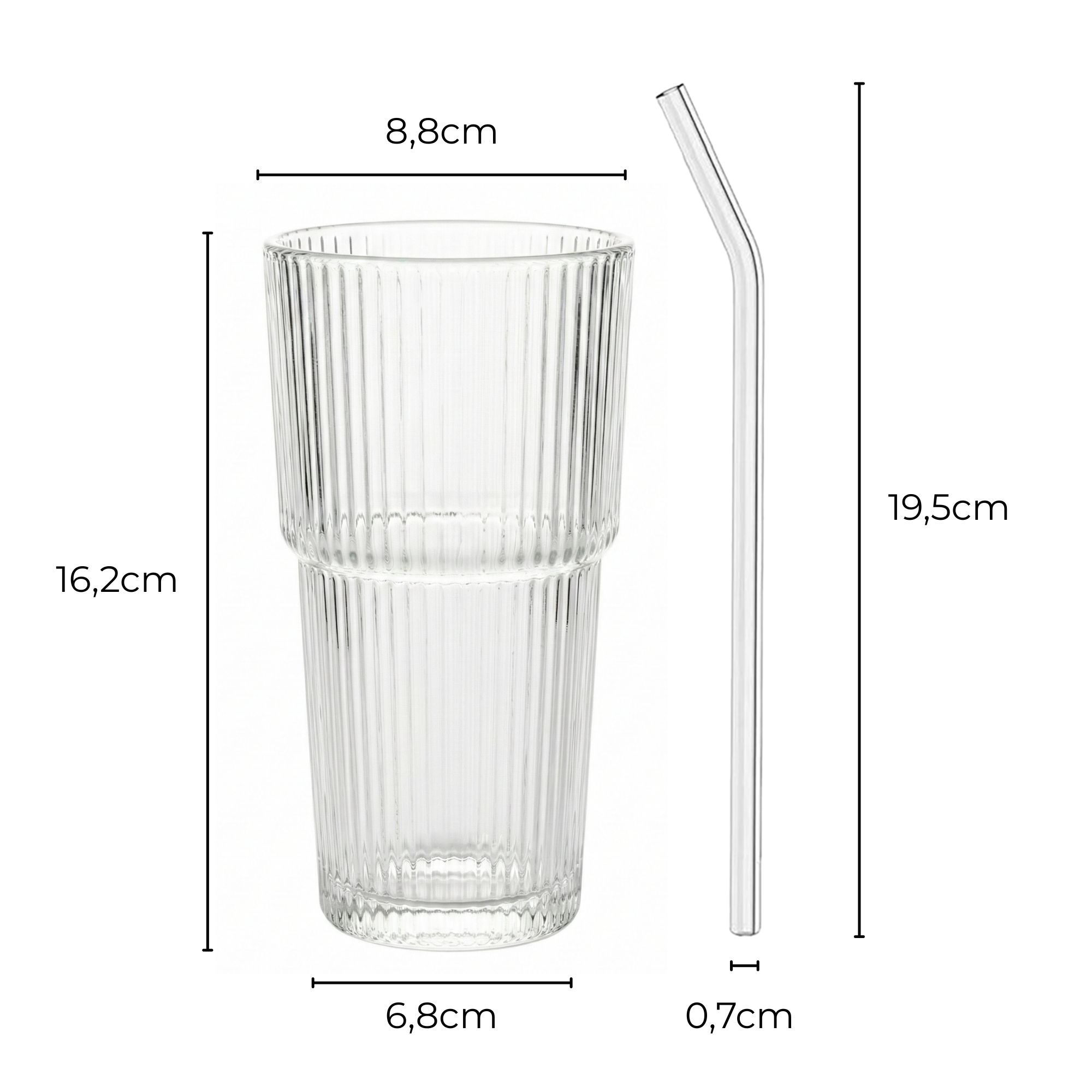 4er Set Geriffelte Trinkgläser 550ml inkl. Glashalme und Reinigungsbürstchen
