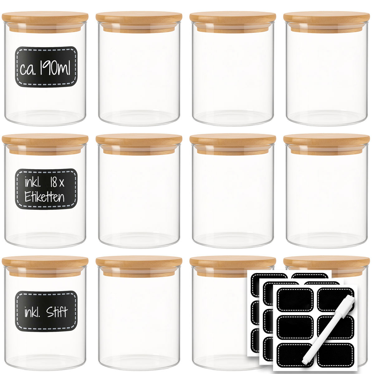 12x 190ml Vorratsgläser mit Bambusdeckel Gewürzgläser inkl. 18x Etiketten & Stift