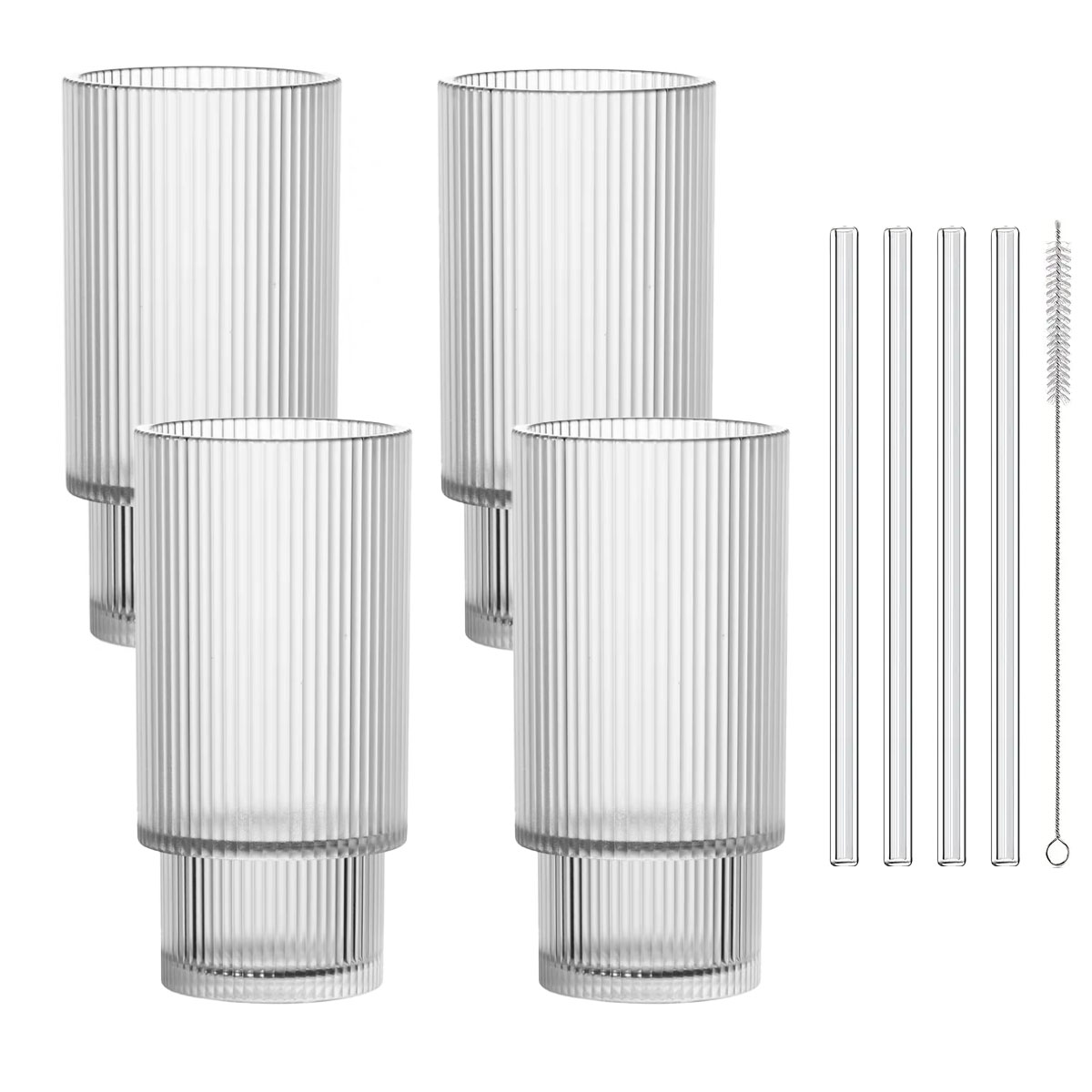 4er Set Geriffelte Trinkgläser 320ml inkl. Glashalme und Reinigungsbürstchen