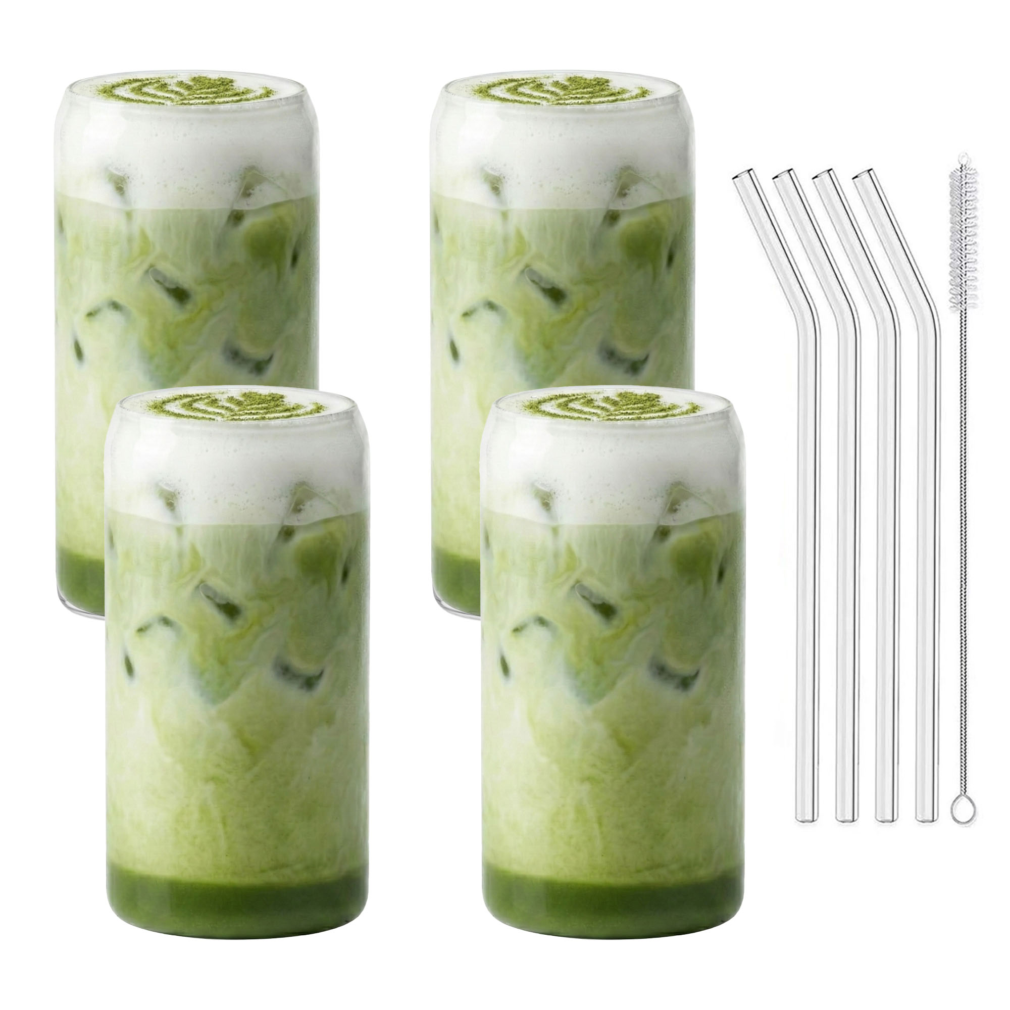 4er Set Trinkgläser 500ml inkl. Glashalme und Reinigungsbürstchen Dosenform