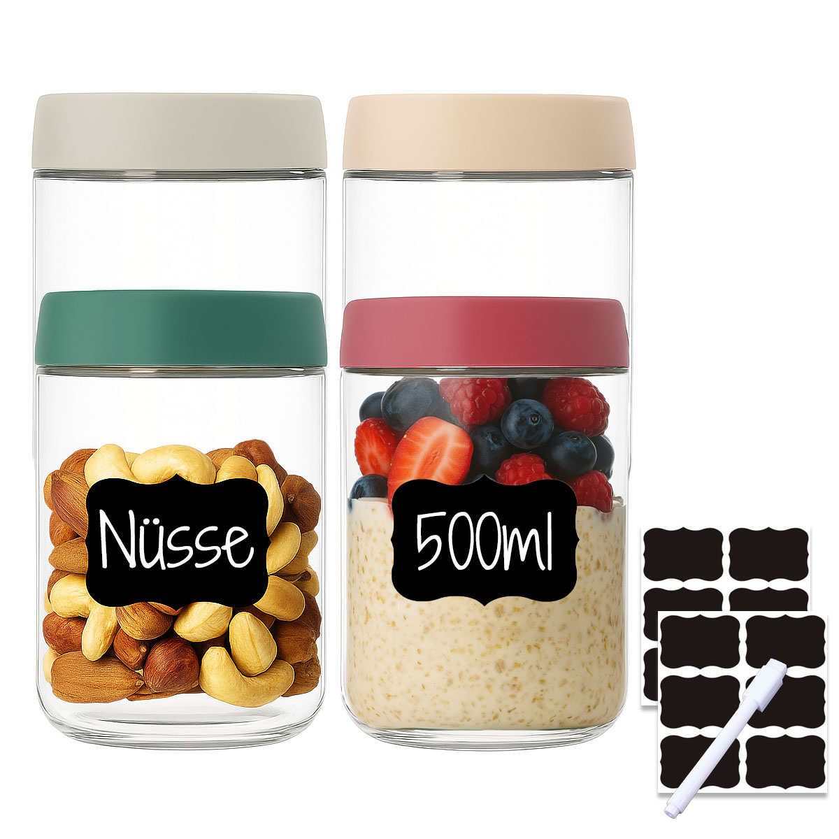 4er Set bunte Einmachgläser 500ml Schraubdeckel inkl. 12x Etiketten, 1x Stift