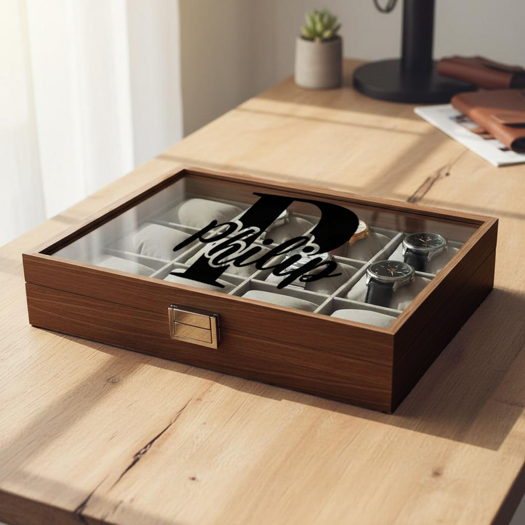 Personalisierter Holz Uhrenkoffer 12 Uhren Uhrenbox Uhrenpräsentation Schmuckkoffer Armbanduhren Dunkelbraun