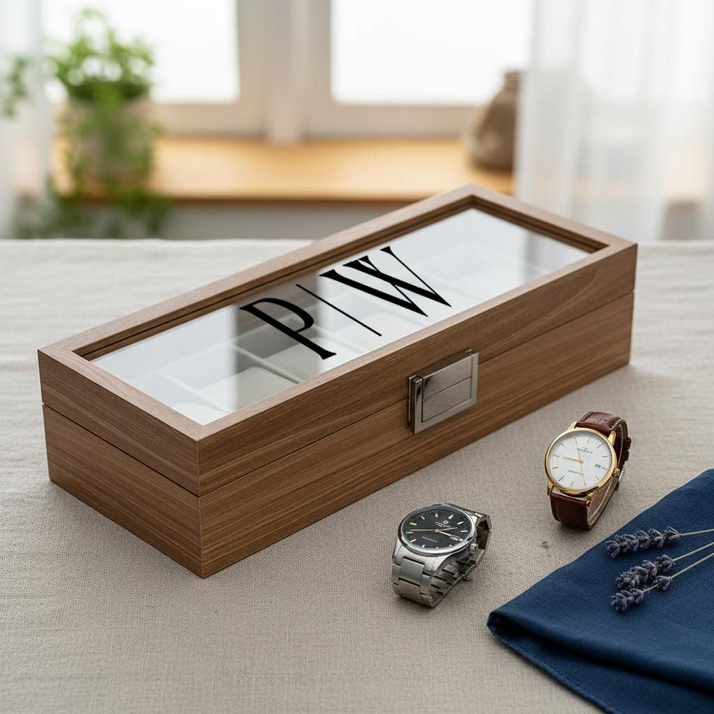 Personalisierter Holz Uhrenkoffer 6 Uhren Uhrenbox Uhrenpräsentation Schmuckkoffer Armbanduhren Dunkelbraun