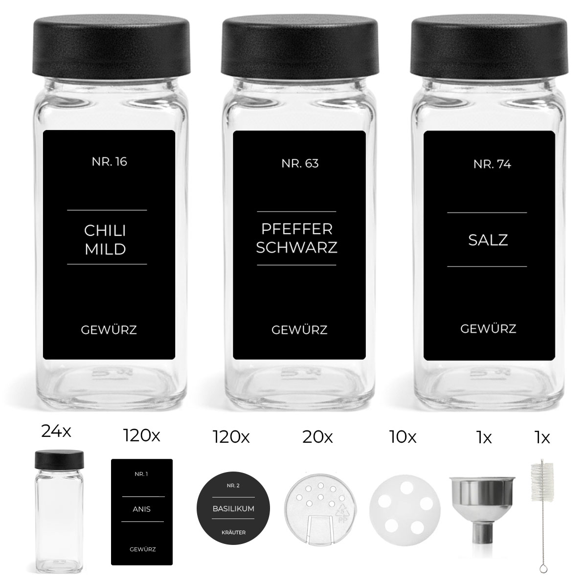 24x Gewürzgläser Schwarze Deckel inkl. 240x Etiketten, 30x Streueinsätze, 1x Edelstahl Trichter, 1x Reinigungsbürstchen