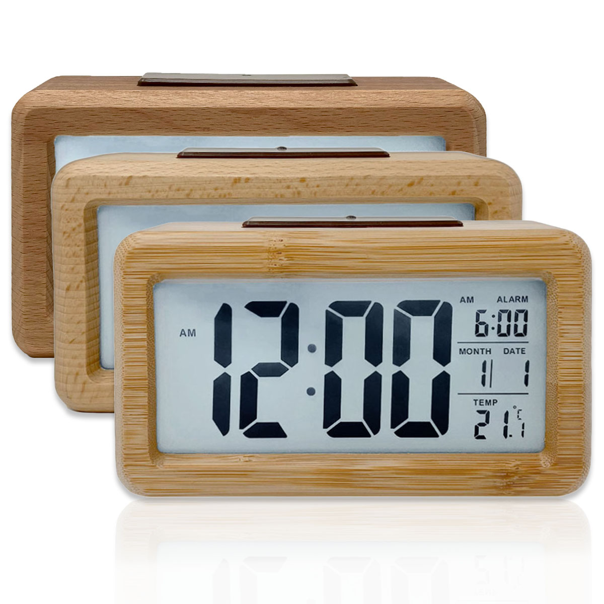 LCD Bambus Holz Wecker Digital Alarmwecker Uhr Beleuchtet Schlummerfunktion LCD
