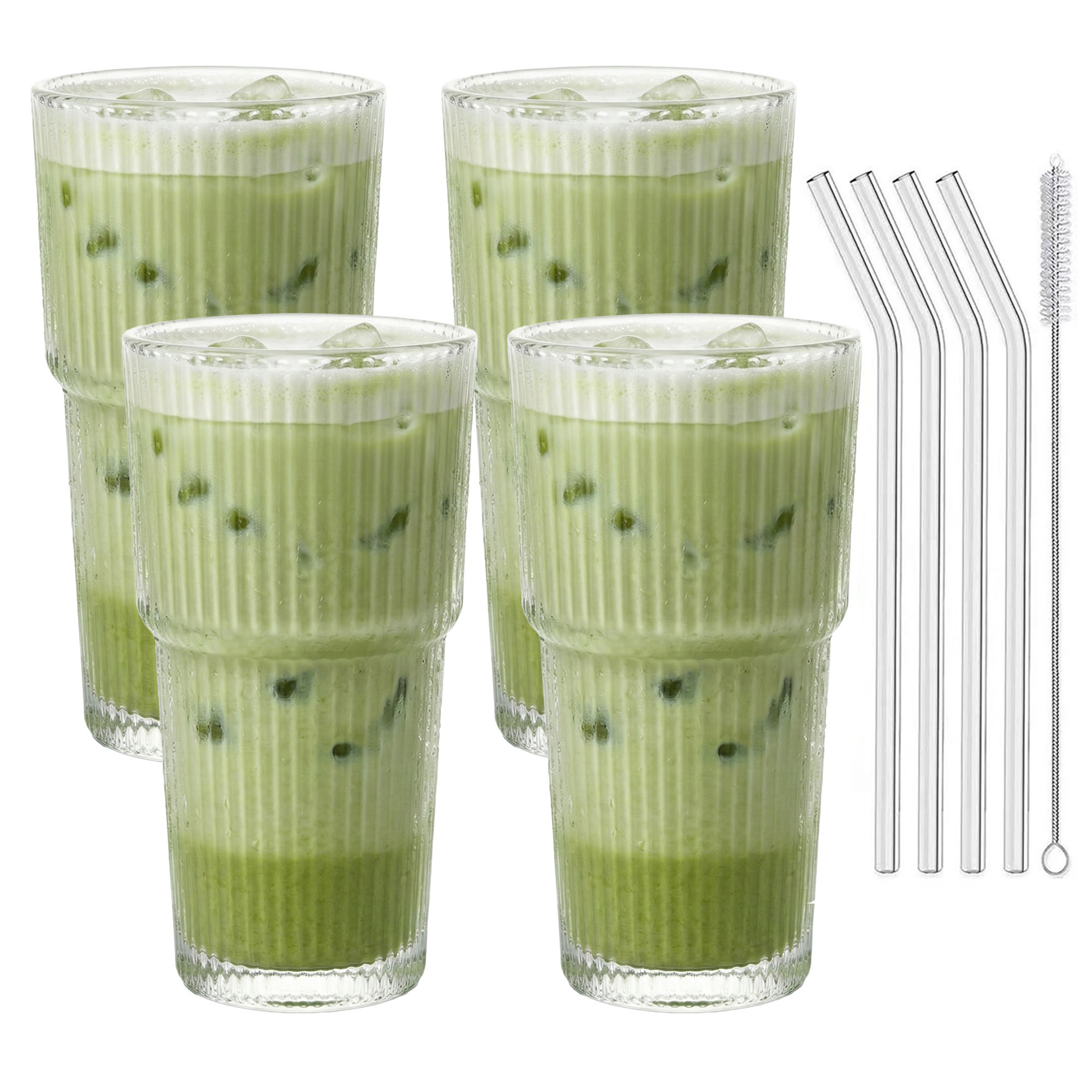4er Set Geriffelte Trinkgläser 550ml inkl. Glashalme und Reinigungsbürstchen