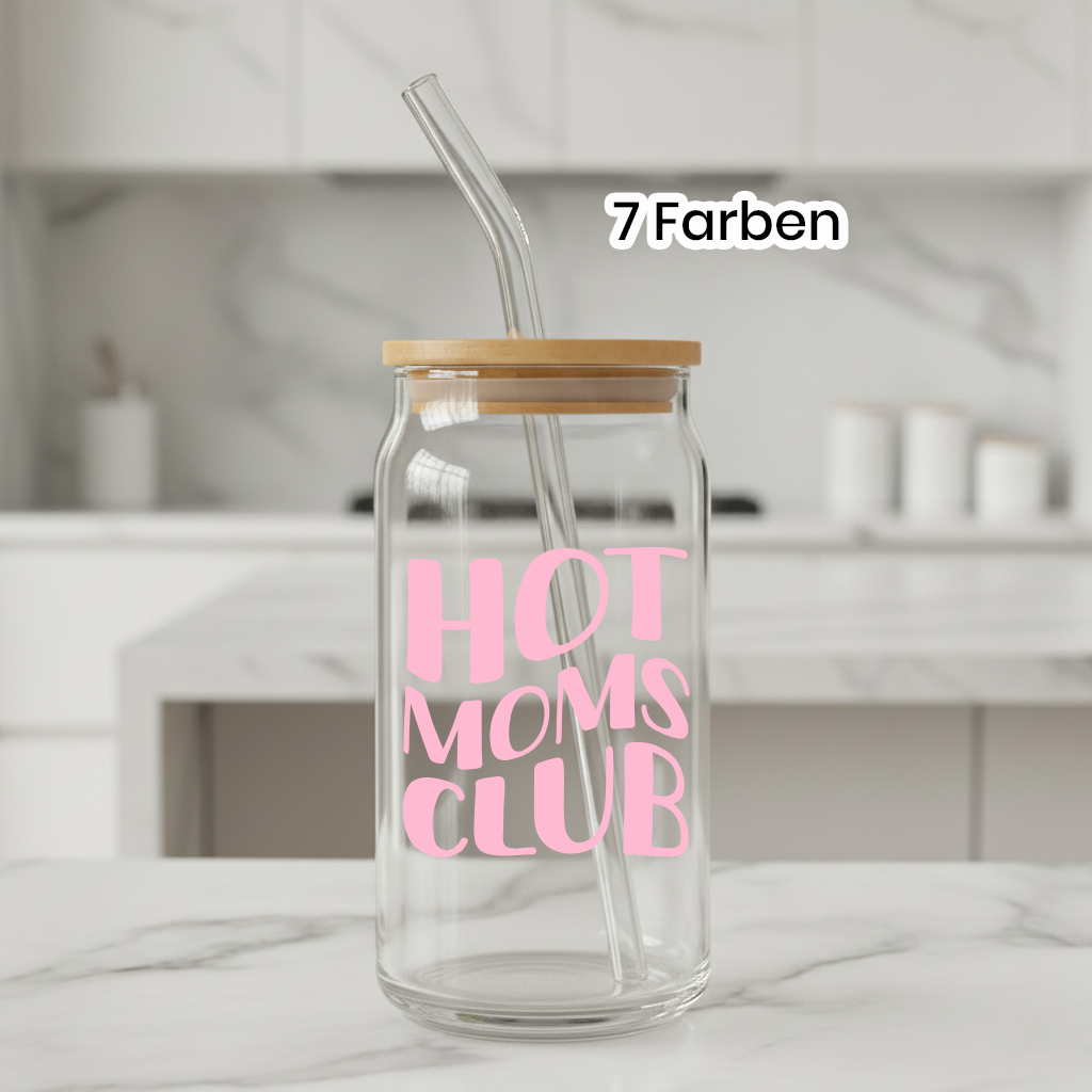 Hot Moms Club Trinkglas 500ml mit Bambusdeckel und Glashalm 