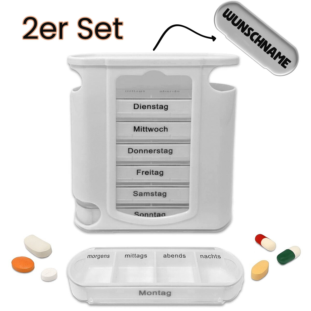 2x Personalisierte Medikamentenbox Pillenbox Tablettenbox Medikamentendosierer für 7 Tage
